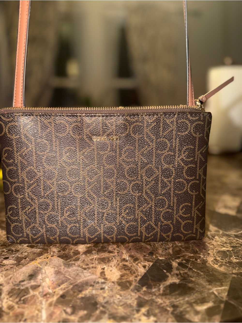 Calvin Klein CK Monogram Brown Pink Shoulder Crossbody Bag